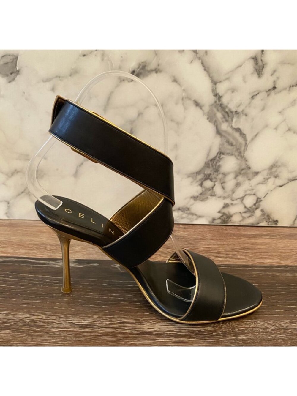CELINE Black Calfskin Leather & Gold Trim Criss-Cross Open Toe Sandals - US 5 - Picture 5 of 12